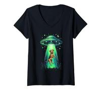 Donna Divertente Cane Alien Abduction UFO Disco Volante Maglietta con Collo a V