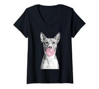 Donna Divertente Cane Basenji Che soffia Rosa Bubblegum Bubble Maglietta con Collo a V