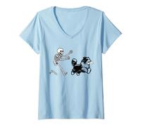 Donna Divertente Cane Bearded Collie Che esegue Lo Scheletro di Maglietta con Collo a V