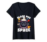 Donna Divertente cane carlino nero "Black Pug In Space" Black Pug Lover Maglietta con Collo a V