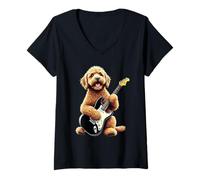 Donna Divertente Cane Labradoodle Che Suona la Chitarra Design per Gli Amanti della Musica Maglietta con Collo a V