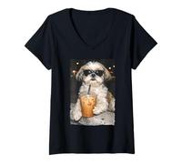 Donna Divertente Cane Shih Tzu Che beve caffè Freddo Meme Divertente Maglietta con Collo a V