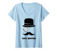 Donna Divertente cappello a bombetta da uomo con baffi e design molto britannico Maglietta con Collo a V