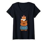 Donna Divertente Capybara Fox Christmas Outfit Natale Ragazzi Ragazze Maglietta con Collo a V