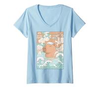 Donna Divertente Capybara Giapponese Ukiyo-e Onsen Hot Spring Maglietta con Collo a V
