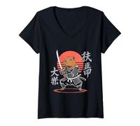 Donna Divertente Capybara Ninja Samurai Retro Anime per Gli Amanti dei maiali d'Acqua Maglietta con Collo a V