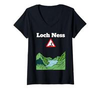 Donna Divertente cartello stradale di avvertimento di Loch Ness, mostro Nessie Maglietta con Collo a V