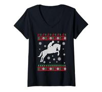 Donna Divertente Cavallo Natale Equitazione Amanti Maglietta con Collo a V