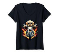 Donna Divertente Cavapoo Dog Riding a Motorcycle Design Cavapoo Lovers Maglietta con Collo a V