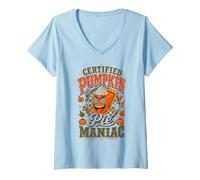 Donna Divertente Certificato Pumpkin Pie Maniac Retro Autunno Maglietta con Collo a V