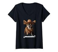 Donna Divertente Chihuahua e Slang Spagnolo - ¿Mande? Maglietta con Collo a V