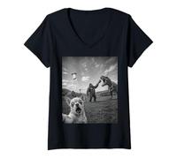 Donna Divertente Chihuahua Selfie con Bigfoot UFO E T Rex Maglietta con Collo a V