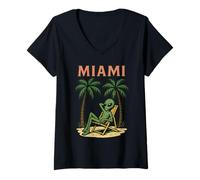 Donna Divertente Chill Alien Miami Beach Vacanza Estate Maglietta con Collo a V