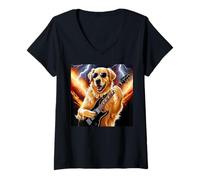 Donna Divertente chitarra che suona Golden Retriever per ragazzi, uomini e ragazze Maglietta con Collo a V