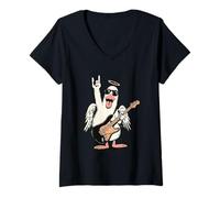 Donna Divertente Chitarrista Rock Duck Cool Bird Stile retrò Maglietta con Collo a V