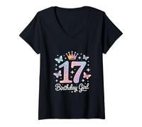 Donna Divertente Compleanno Ragazza 17 dicendo Sparkle Crown Magic Maglietta con Collo a V