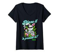 Donna Divertente coniglietto pasquale Happy 420 che fuma la domenica di Weedster! Maglietta con Collo a V