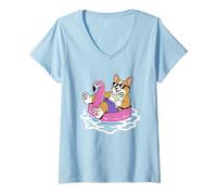 Donna Divertente Corgi Pool Float Flamingo Summer Party Maglietta con Collo a V