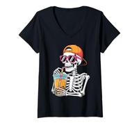 Donna Divertente Costume da Scheletro di Halloween Boba Tea Maglietta con Collo a V