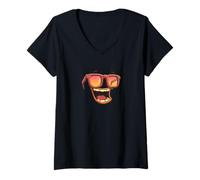 Donna Divertente Costume Emblema Occhiali con Una Grande Risata Maglietta con Collo a V