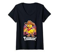 Donna Divertente Cowboy Duck Western Wild West Rodeo Maglietta con Collo a V