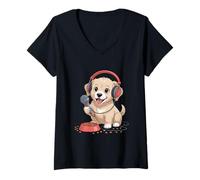 Donna Divertente Cucciolo di Golden Retriever Che Canta Cane Comico Maglietta con Collo a V