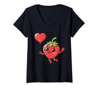Donna Divertente Cuore Fragola San Valentino Kawaii Fruit Lover Maglietta con Collo a V