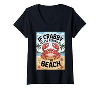 Donna Divertente Design a Forma di Granchio costiero con Scritta If Crabby Return To Beach Crab Maglietta con Collo a V