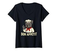 Donna Divertente Design con Bulldog Francese Bon Appétit Maglietta con Collo a V