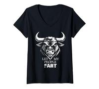 Donna Divertente Design con Mucca e Toro, con Scritta Let My People Fart, per Amanti degli Animali da fattori Maglietta con Collo a V