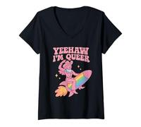 Donna Divertente design LGBTQ+ Cowboy Pride Western Rainbow Rocket Maglietta con Collo a V