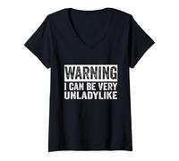 Donna Divertente design vintage per ragazze con scritta "Warning I can be very unladylike Maglietta con Collo a V