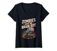 Donna Divertente Detto Zombies Give Me Brain Rot Spooky Donne Uomini Maglietta con Collo a V