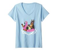 Donna Divertente Doberman Pool Float Flamingo Summer Party Vibes Maglietta con Collo a V