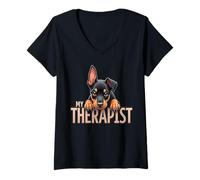 Donna Divertente Dobie Dobe Puppy My Therapist Doberman Pinscher Dog Maglietta con Collo a V