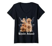 Donna Divertente Doodle dorato Bootleg Rhode Island Maglietta con Collo a V