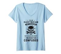 Donna Divertente Elettricista Lineman Wireman Skull Lightning Strike Maglietta con Collo a V