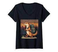 Donna Divertente Escursionismo Fiume Lontra Cottagecore Retro Tramonto Maglietta con Collo a V