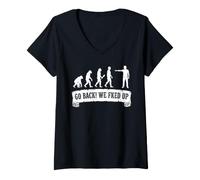 Donna Divertente Evoluzione Go Back We Messed Up Distressed Graphic Maglietta con Collo a V