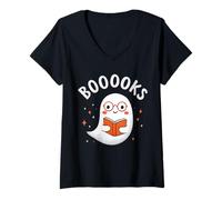 Donna Divertente Fantasma Booooks Carino Book Lover Halloween Party Costume Maglietta con Collo a V