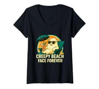 Donna Divertente Fantasma Estate Creepy Beach Face Forever Summerween Maglietta con Collo a V