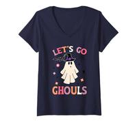 Donna Divertente Fantasma spettrale Halloween retrò Groovy Let's Go Ghouls Maglietta con Collo a V