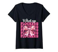 Donna Divertente Fenicottero Ragazza Mamma Rosa Coquette Bow What Up Flockers Maglietta con Collo a V
