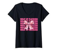 Donna Divertente Fenicottero Ragazza Mamma Rosa Coquette Bow What Up Flockers Maglietta con Collo a V