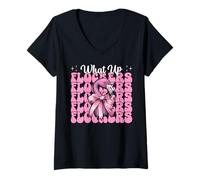 Donna Divertente Fenicottero Ragazza Mamma Rosa Coquette Bow What Up Flockers Maglietta con Collo a V
