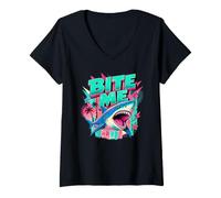 Donna Divertente Florida Retro Bite Me Shark Maglietta con Collo a V