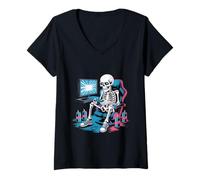 Donna Divertente Gamer Skeleton Gaming Chair Video Game Energy Drink Maglietta con Collo a V