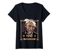 Donna Divertente Gangsta Gandhi Ritratto Trading Card Style Retro Art Maglietta con Collo a V