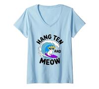 Donna Divertente gattino Hang Ten and Meow per mamme e papà Maglietta con Collo a V