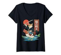 Donna Divertente Gatto cavalcando Pollo Giapponese Anime Kawaii Samurai Gatto Maglietta con Collo a V